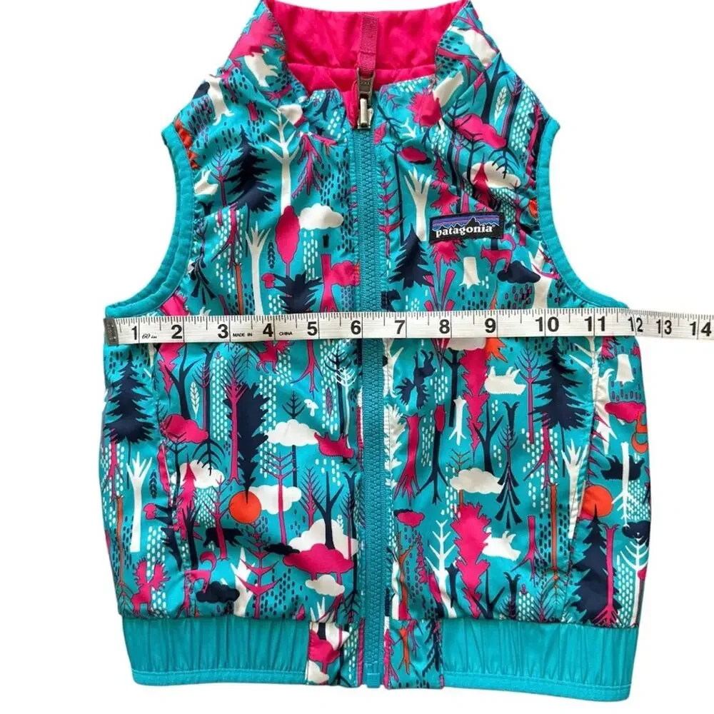 Patagonia Baby Reversible Puff-Ball Vest Teal Pink Forest Print Epic Blue Size 2